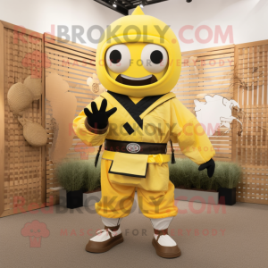 Lemon Yellow Samurai mascot costume character dressed with a Bomber Jacket and Suspenders