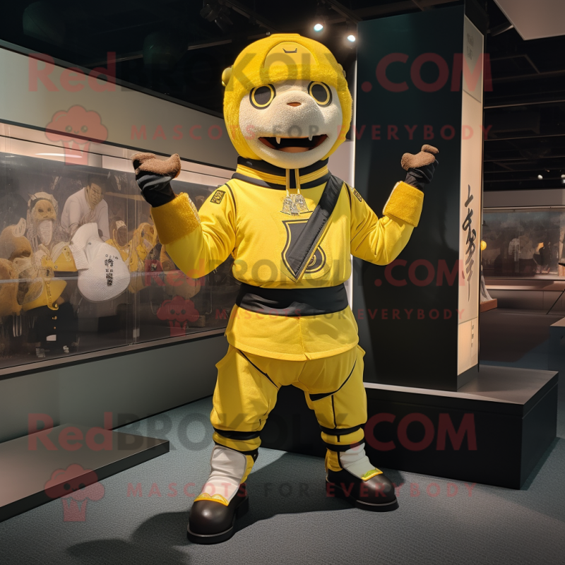 Lemon Yellow Samurai mascot costume character dressed with a Bomber Jacket and Suspenders