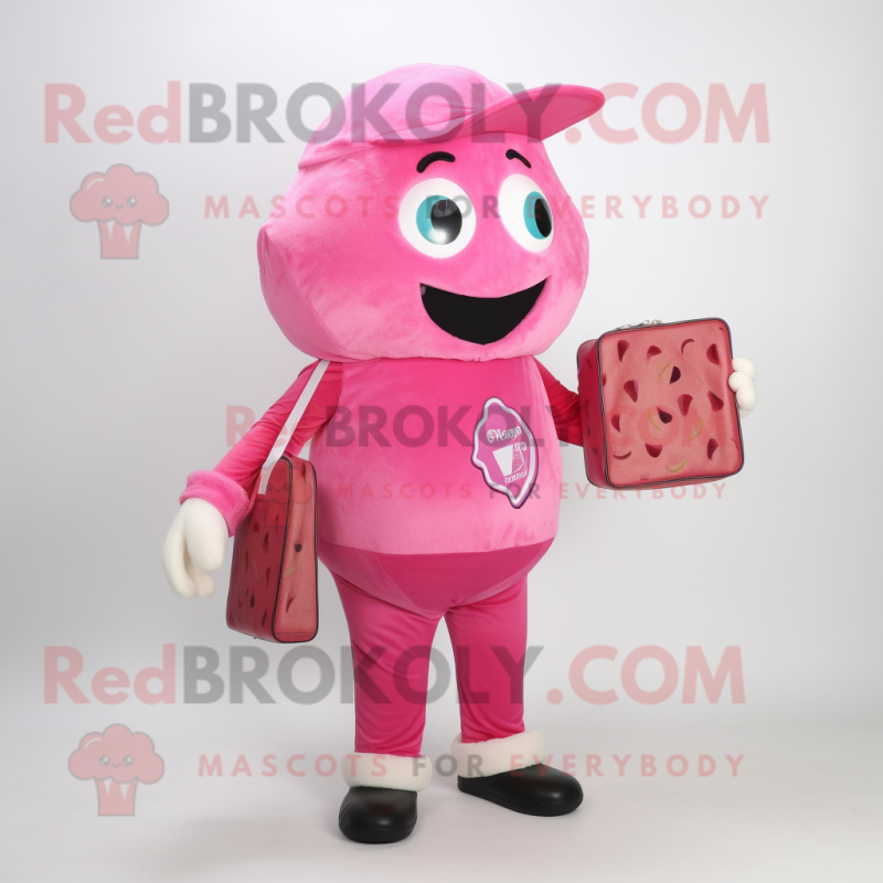 Pink Pizza mascot costume character dressed with a Trousers and Messenger bags Pink Pizza mascot costume character dressed with a Trousers and Messenger bags