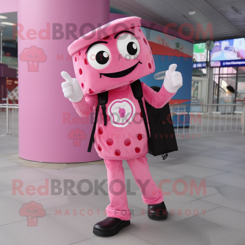 Pink Pizza mascot costume character dressed with a Trousers and Messenger bags