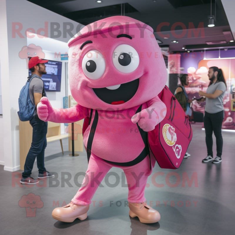 Pink Pizza mascot costume character dressed with a Trousers and Messenger bags Pink Pizza mascot costume character dressed with a Trousers and Messenger bags