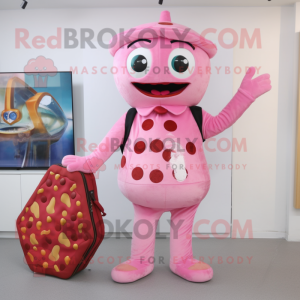 Pink Pizza mascot costume character dressed with a Trousers and Messenger bags
