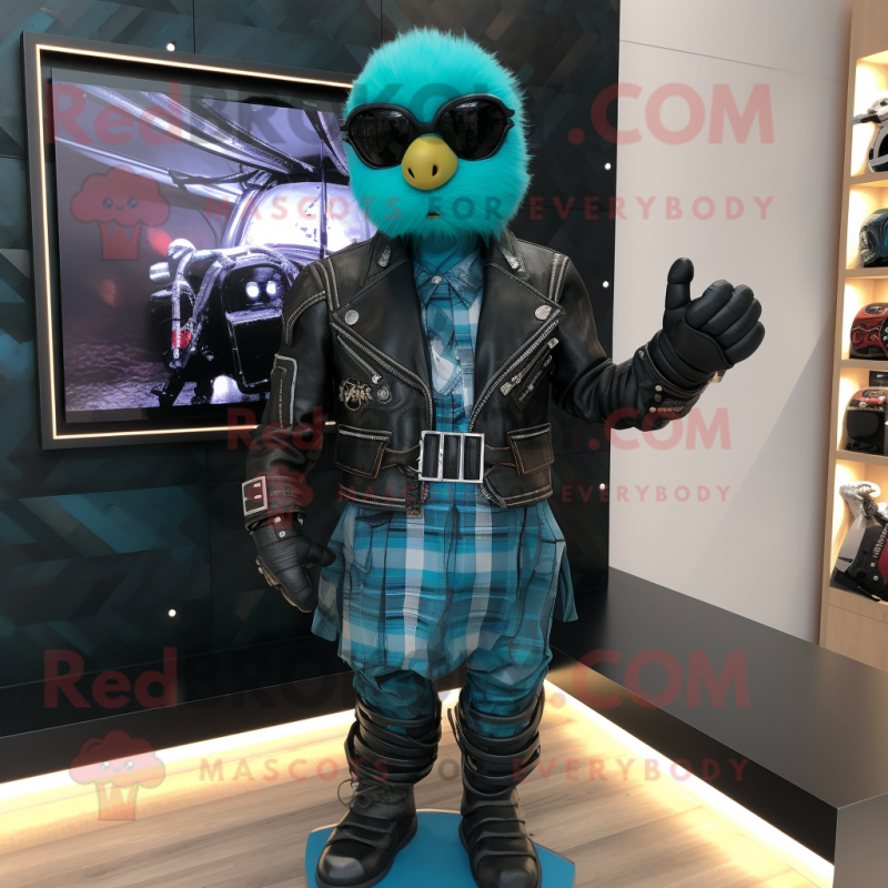 Teal Bagpipe mascot costume character dressed with a Biker Jacket and Gloves Teal Bagpipe mascot costume character dressed with a Biker Jacket and Gloves