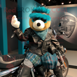 Teal Bagpipe mascot costume character dressed with a Biker Jacket and Gloves