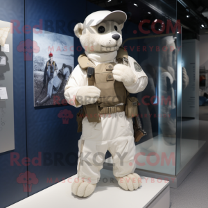 White Special Air Service mascot costume character dressed with a Dungarees and Lapel pins