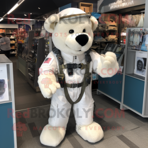 White Special Air Service mascot costume character dressed with a Dungarees and Lapel pins