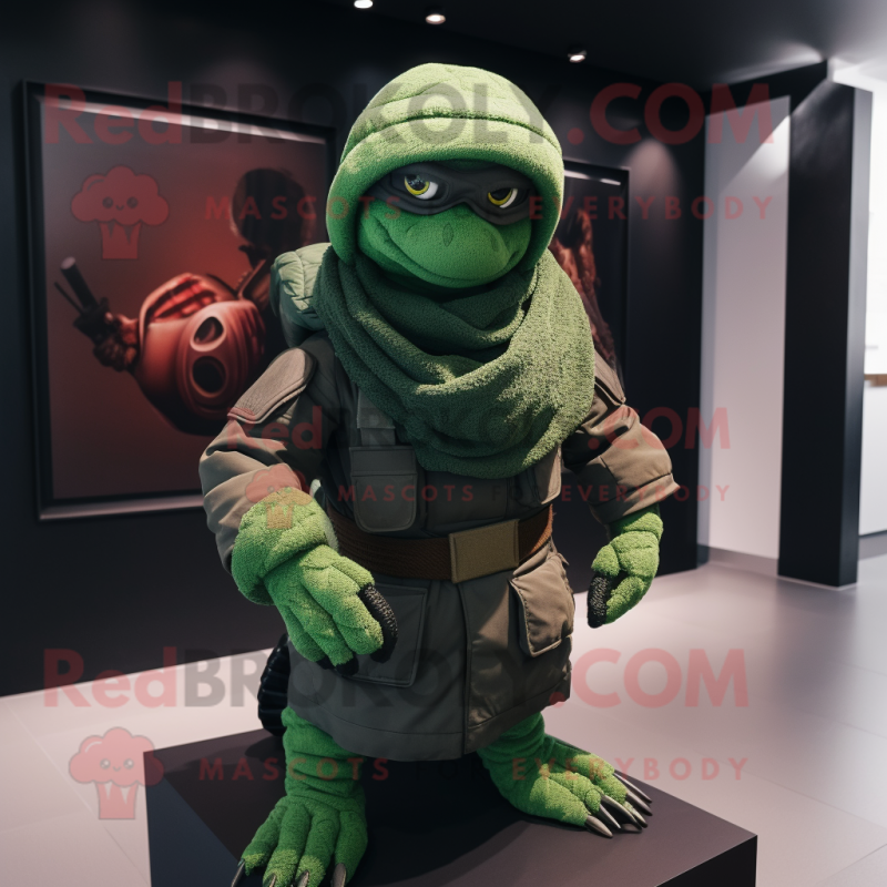 Forest Green Sniper mascot costume character dressed with a Turtleneck and Scarves Forest Green Sniper mascot costume character dressed with a Turtleneck and Scarves