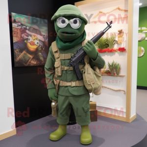 Forest Green Sniper mascot costume character dressed with a Turtleneck and Scarves
