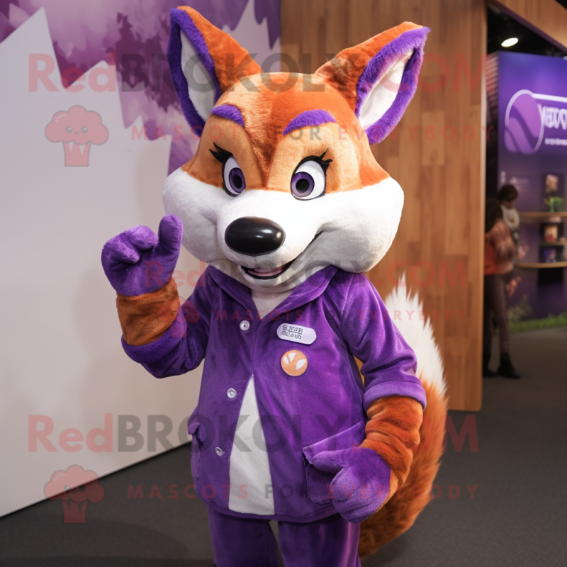 Purple Fox mascot costume character dressed with a Pencil Skirt and Mittens