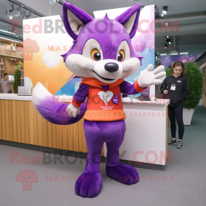 Purple Fox mascot costume character dressed with a Pencil Skirt and Mittens