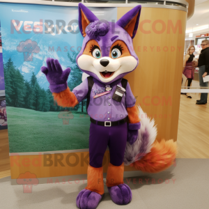 Purple Fox mascot costume character dressed with a Pencil Skirt and Mittens
