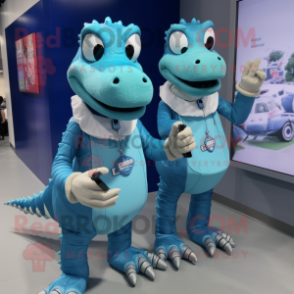 Blue Crocodile mascot costume character dressed with a Mini Dress and Smartwatches