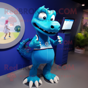 Blue Crocodile mascot costume character dressed with a Mini Dress and Smartwatches