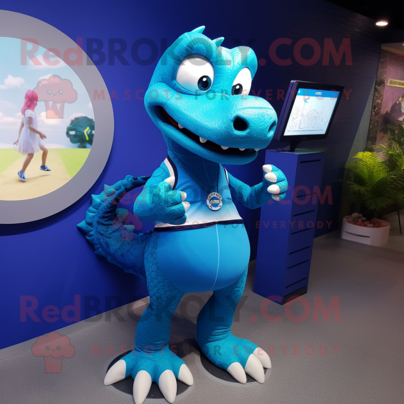 Blue Crocodile mascot costume character dressed with a Mini Dress and Smartwatches Blue Crocodile mascot costume character dressed with a Mini Dress and Smartwatches