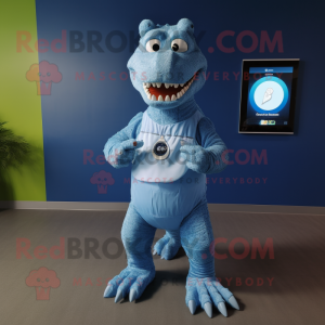 Blue Crocodile mascot costume character dressed with a Mini Dress and Smartwatches
