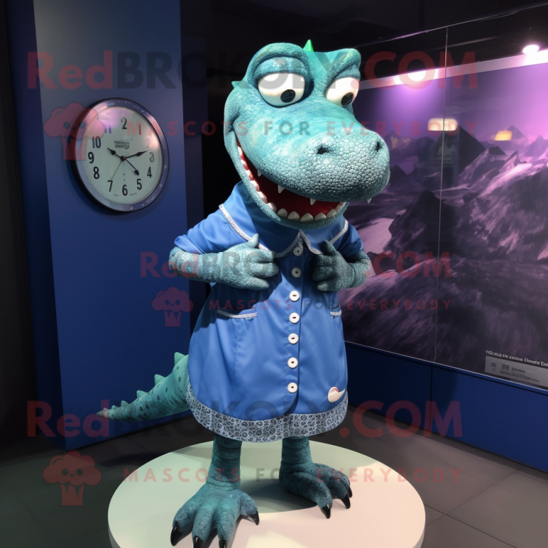 Blue Crocodile mascot costume character dressed with a Mini Dress and Smartwatches