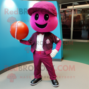 Magenta Baseball Ball mascot costume character dressed with a Suit Pants and Bow ties