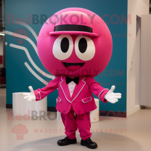 Magenta Baseball Ball mascot costume character dressed with a Suit Pants and Bow ties