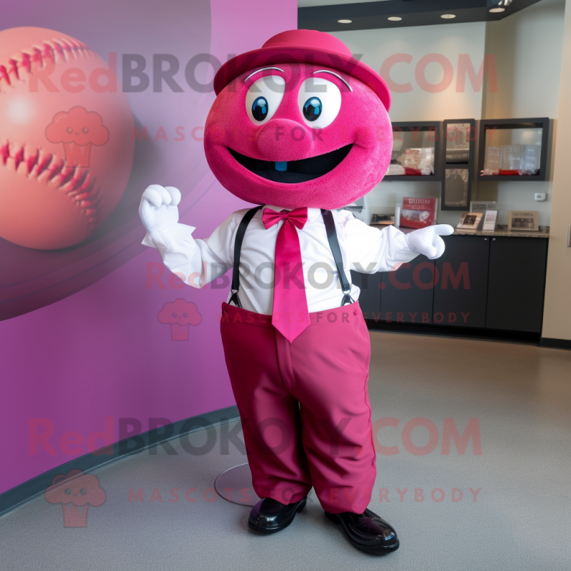 Magenta Baseball Ball mascot costume character dressed with a Suit Pants and Bow ties