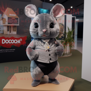 Gray Chinchilla mascot costume character dressed with a Mini Dress and Tie pins