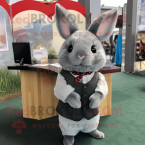 Gray Chinchilla mascot costume character dressed with a Mini Dress and Tie pins