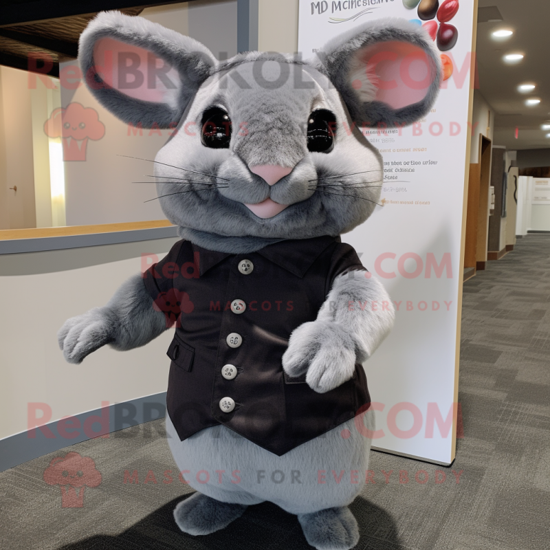 Gray Chinchilla mascot costume character dressed with a Mini Dress and Tie pins