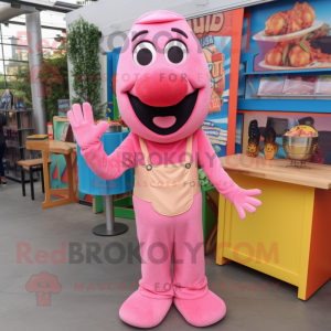 Pink Hot Dog mascot costume character dressed with a Overalls and Necklaces