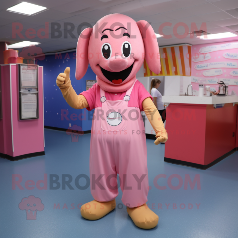 Pink Hot Dog mascot costume character dressed with a Overalls and Necklaces