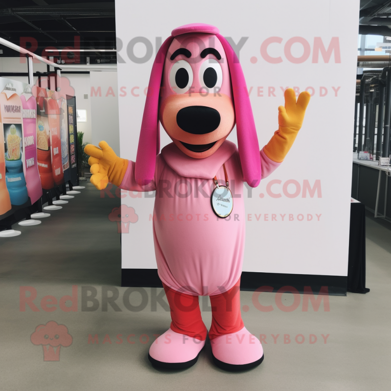 Pink Hot Dog mascot costume character dressed with a Overalls and Necklaces