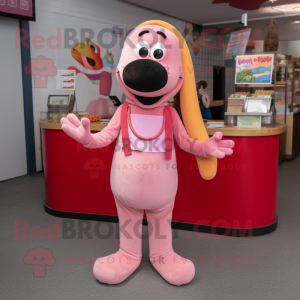 Pink Hot Dog mascot costume character dressed with a Overalls and Necklaces