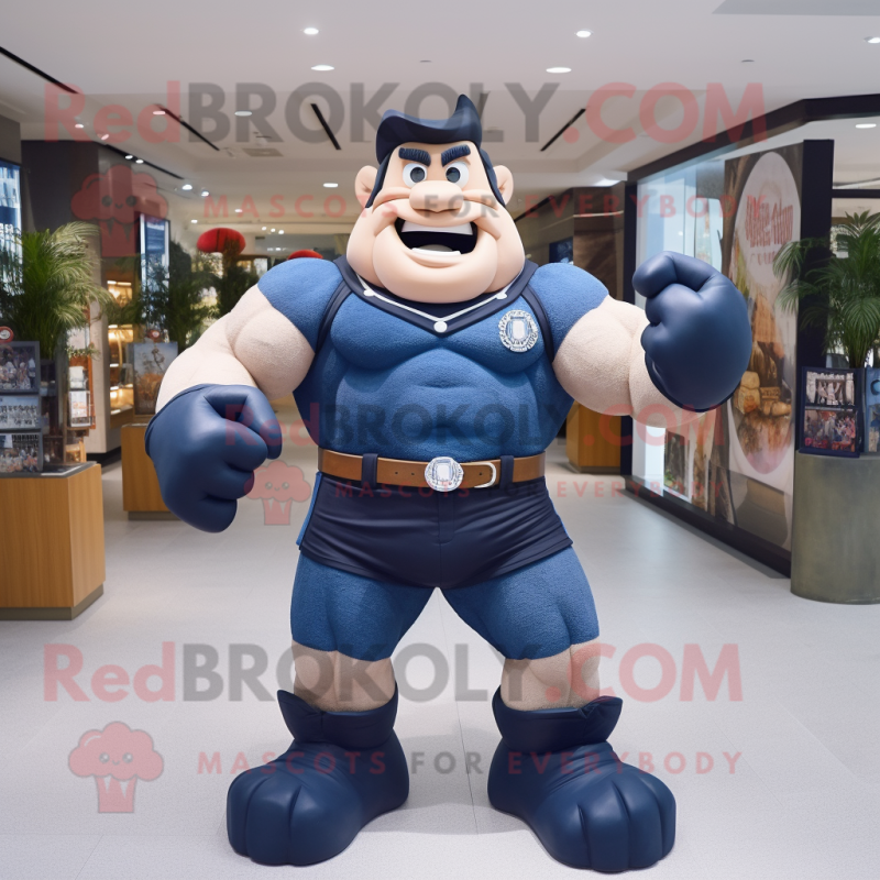 Navy Strongman mascot costume character dressed with a Denim Shorts and Scarves Navy Strongman mascot costume character dressed with a Denim Shorts and Scarves