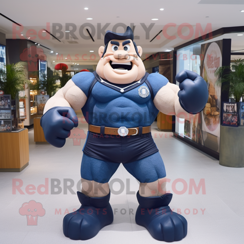 Navy Strongman mascot costume character dressed with a Denim Shorts and Scarves