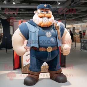 Navy Strongman mascot costume character dressed with a Denim Shorts and Scarves