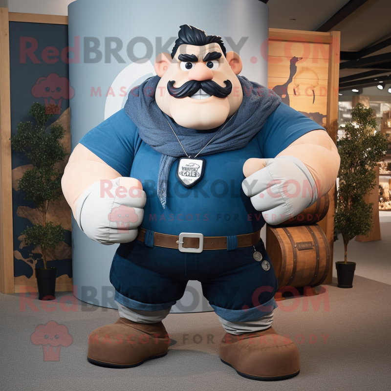 Navy Strongman mascot costume character dressed with a Denim Shorts and Scarves Navy Strongman mascot costume character dressed with a Denim Shorts and Scarves