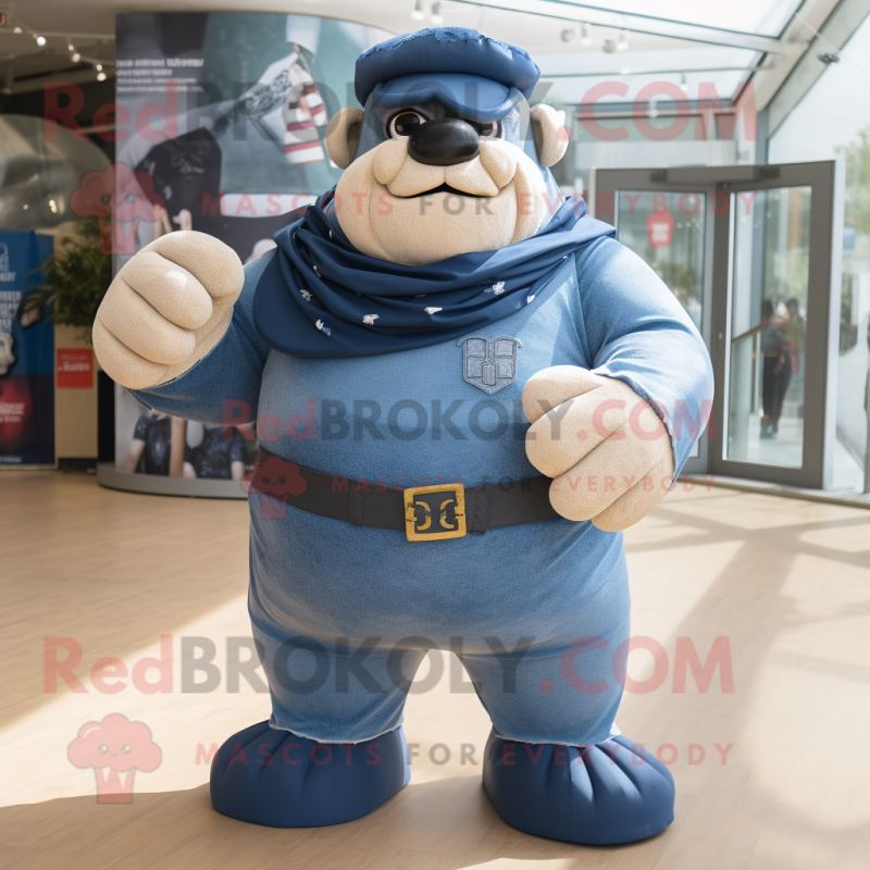 Navy Strongman mascot costume character dressed with a Denim Shorts and Scarves