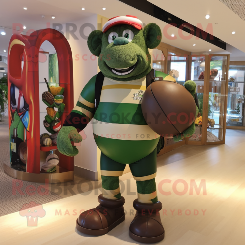 Olive Contortionist mascot costume character dressed with a Rugby Shirt and Handbags Olive Contortionist mascot costume character dressed with a Rugby Shirt and Handbags