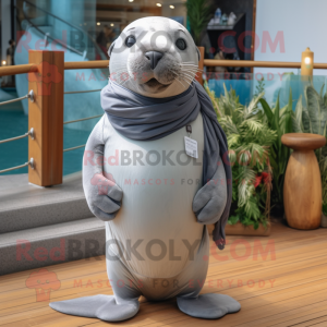 Gray Sea Lion mascot costume character dressed with a Chinos and Scarves