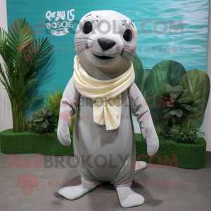 Gray Sea Lion mascot costume character dressed with a Chinos and Scarves