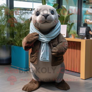 Gray Sea Lion mascot costume character dressed with a Chinos and Scarves