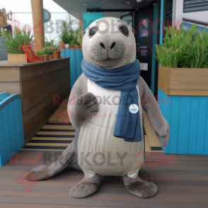 Gray Sea Lion mascot costume character dressed with a Chinos and Scarves