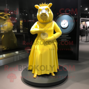 Yellow Sow mascot costume character dressed with a Evening Gown and Bracelet watches