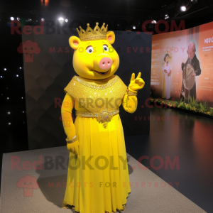 Yellow Sow mascot costume character dressed with a Evening Gown and Bracelet watches