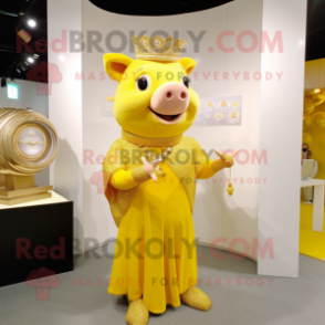 Yellow Sow mascot costume character dressed with a Evening Gown and Bracelet watches