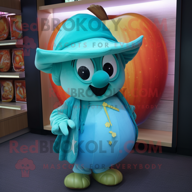 Turquoise Apple mascot costume character dressed with a Dress and Hat pins Turquoise Apple mascot costume character dressed with a Dress and Hat pins