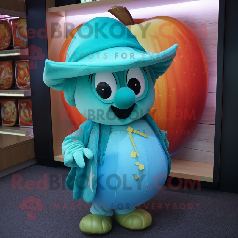 Turquoise Apple mascot costume character dressed with a Dress and Hat pins