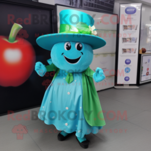 Turquoise Apple mascot costume character dressed with a Dress and Hat pins