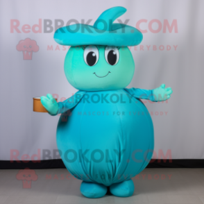 Turquoise Apple mascot costume character dressed with a Dress and Hat pins