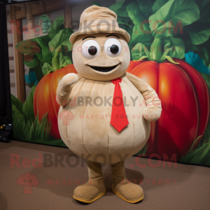 Beige Tomato mascot costume character dressed with a Corduroy Pants and Earrings