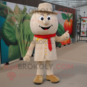 Beige Tomato mascot costume character dressed with a Corduroy Pants and Earrings