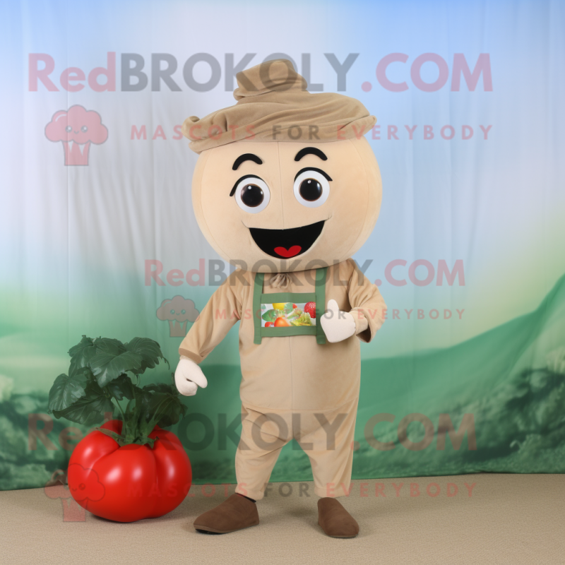 Beige Tomato mascot costume character dressed with a Corduroy Pants and Earrings